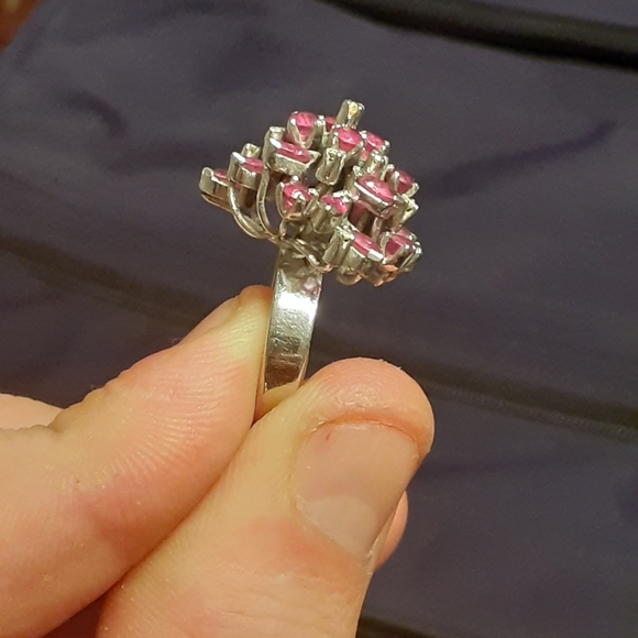 Vintage Platinum Band Ruby Cluster Cocktail Ring Mid Century - Picture 7 of 13